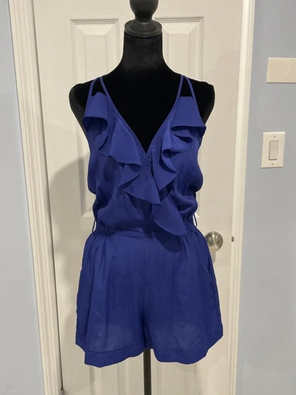 TELA Women’s Blue Ruffle Front Romper S/P